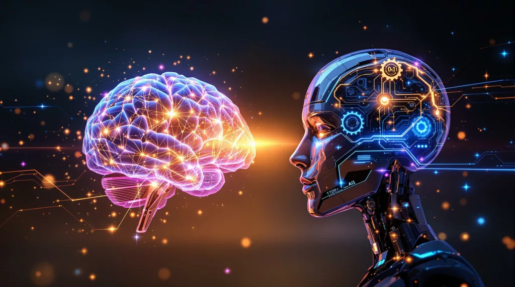 Illustration of a brain and AI working together in harmony, symbolizing human creativity and thought.