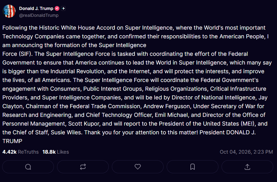 Trump launches “Super Intelligence Force” that has nothing to do with actual superintelligence